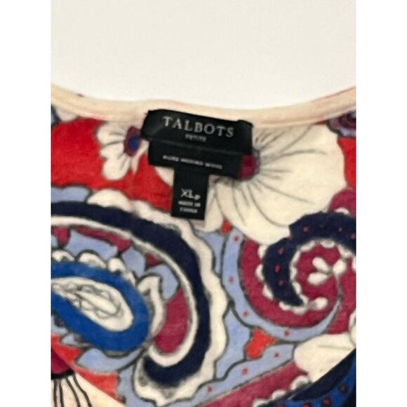 Talbots Petite XL Pure Merino Wool Floral Red Blue Cream Sweater - Picture 2 of 6